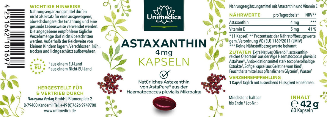 Astaxanthin - AstaPure® - 4 mg je Kapsel - NahrungsergänzungUnimedica Kornkammer Natur