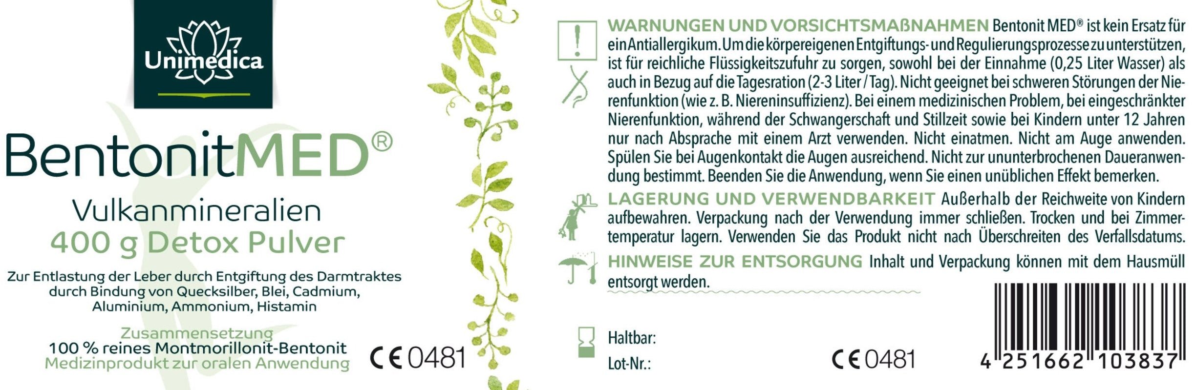 Bentonit Med® Detox Pulver - 400 g - NahrungsergänzungUnimedica Kornkammer Natur