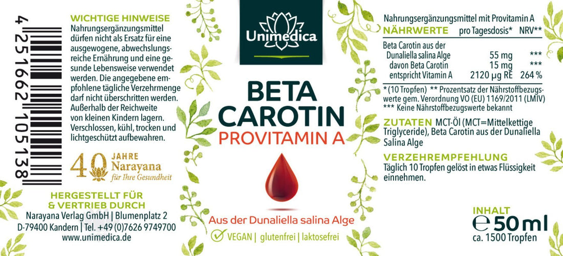 Beta Carotin Tropfen - natürliches Provitamin A - hochdosiert 50ml - NahrungsergänzungUnimedica Kornkammer Natur