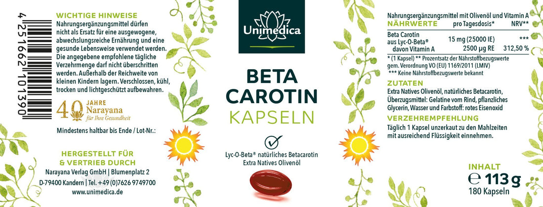 Beta Carotin - aus Lyc - O - Beta® - 15 mg - 25.000 IE pro Tagesdosis - 180 Softgelkapseln - NahrungsergänzungUnimedica Kornkammer Natur