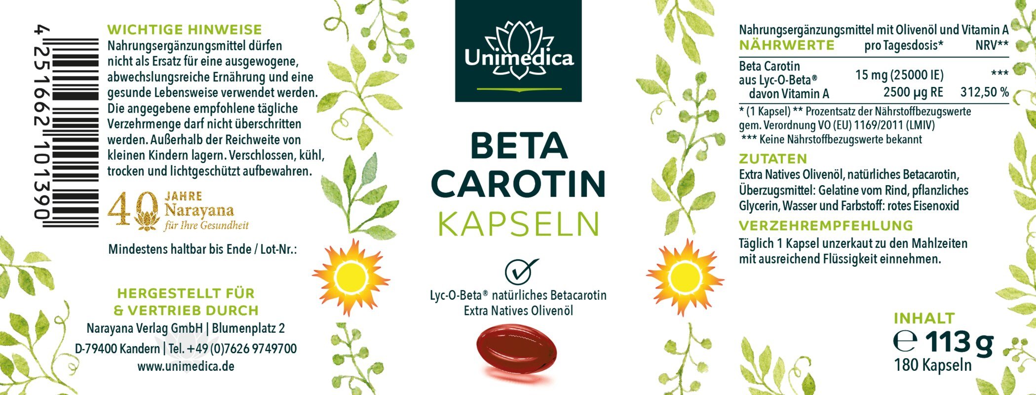 Beta Carotin - aus Lyc - O - Beta® - 15 mg - 25.000 IE pro Tagesdosis - 180 Softgelkapseln - NahrungsergänzungUnimedica Kornkammer Natur