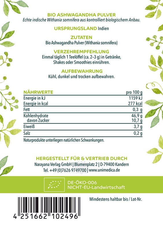 Ashwagandha Pulver, bio - 500 g - echte indische Schlafbeere