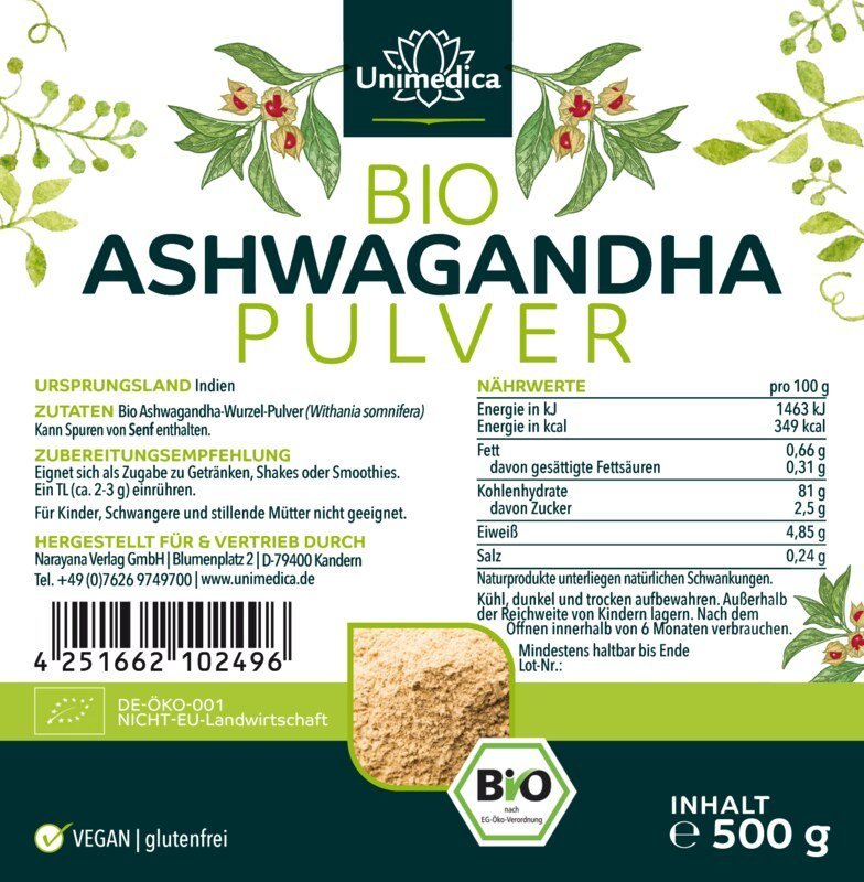 Ashwagandha Pulver, bio - 500 g - echte indische Schlafbeere - NahrungsergänzungUnimedica Kornkammer Natur