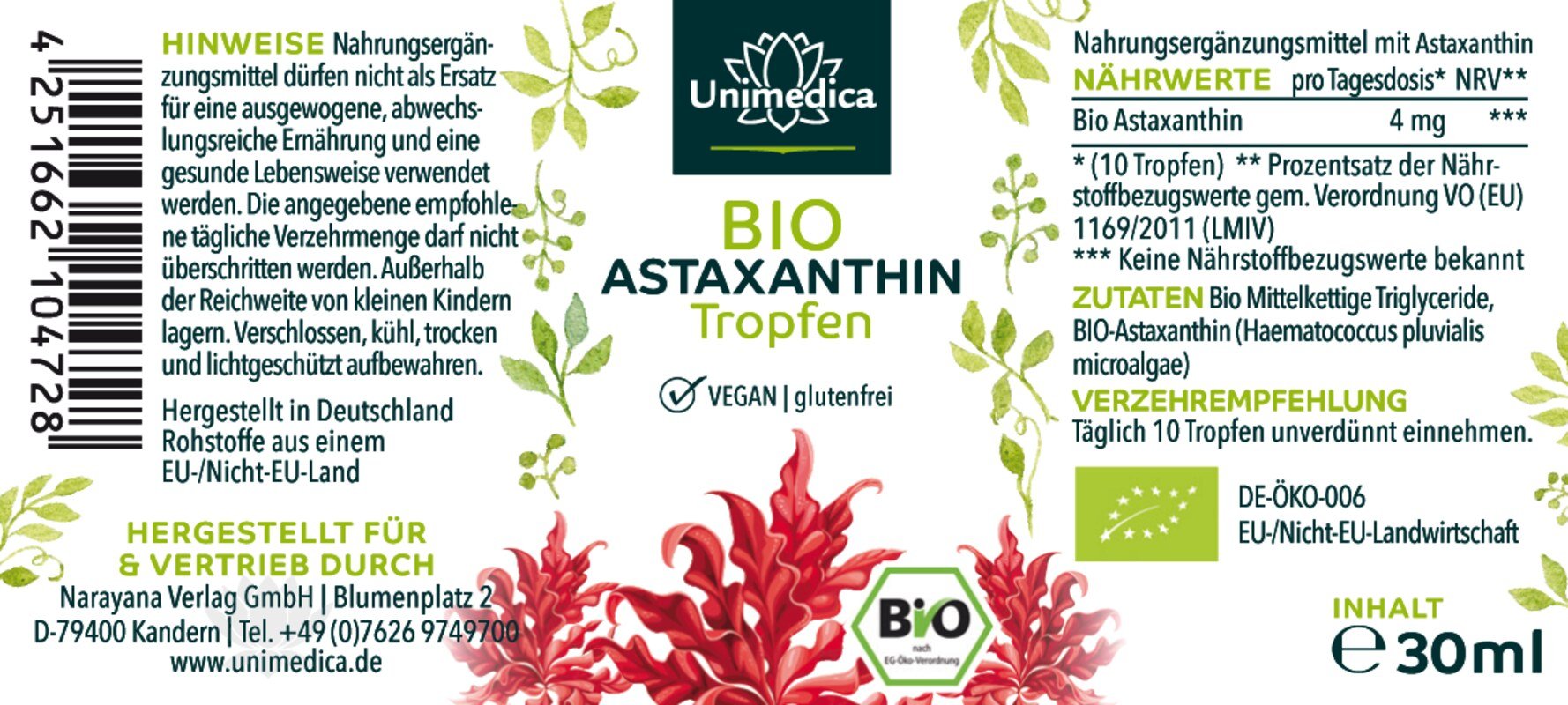 Astaxanthin Tropfen - 4 mg pro Tagesdosis (10 Tropfen) Bio - 30 ml - Nahrungsergänzung Unimedica Kornkammer Natur