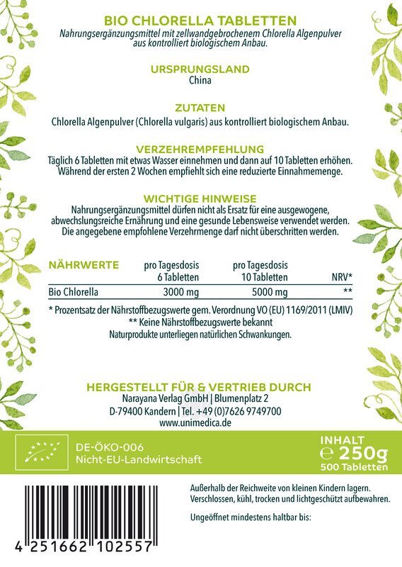 Chlorella Bio 500 Tabletten - mit je 500 mg reinem Chlorella Pulver - laborgeprüft und naturrein 250g - Nahrungsergänzung