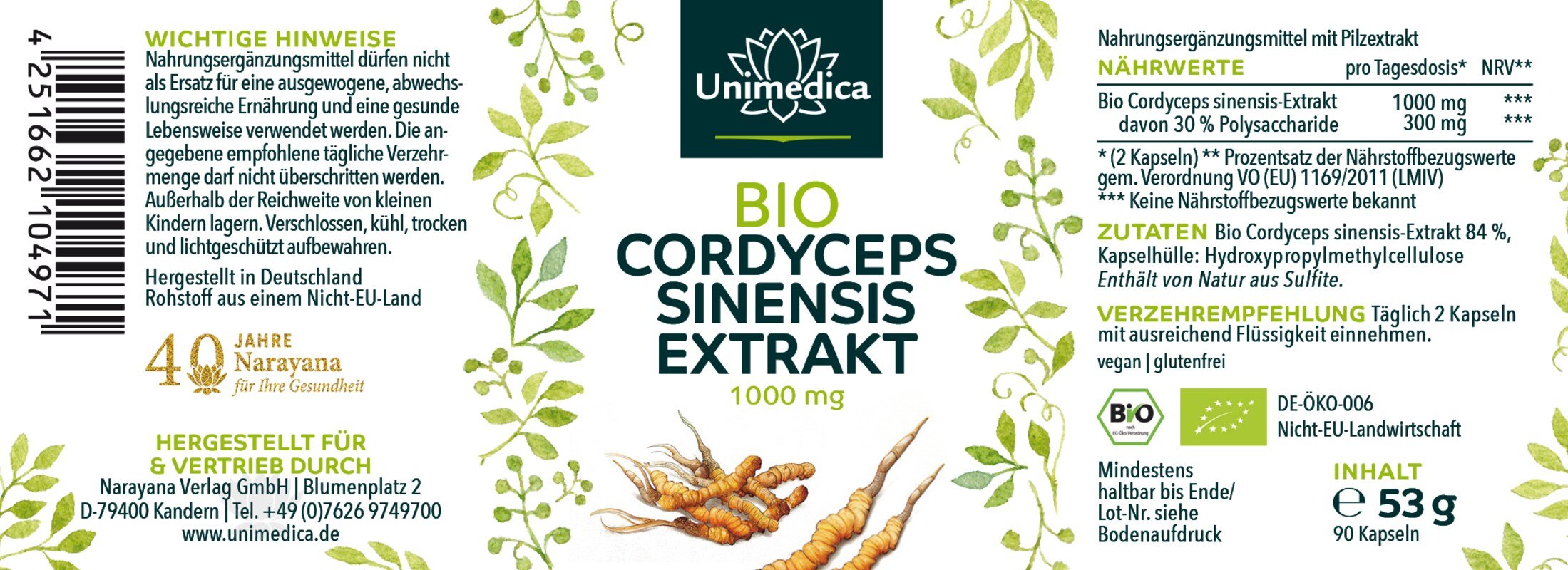 Bio Cordyceps - 1000 mg pro Tagesdosis (2 Kapseln) - mit 30 % Polysacchariden 90 Kapseln - NahrungsergänzungUnimedica Kornkammer Natur