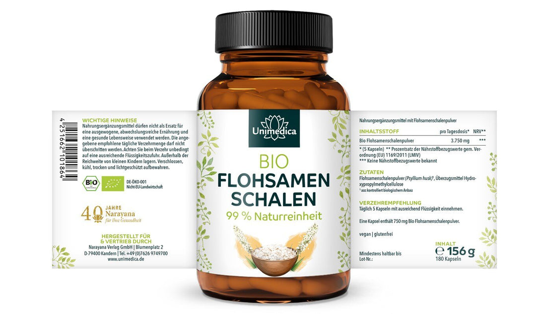 Bio Flohsamenschalen - 3.750 mg pro Tagesdosis (5 Kapseln) - 180 Kapseln Etikett