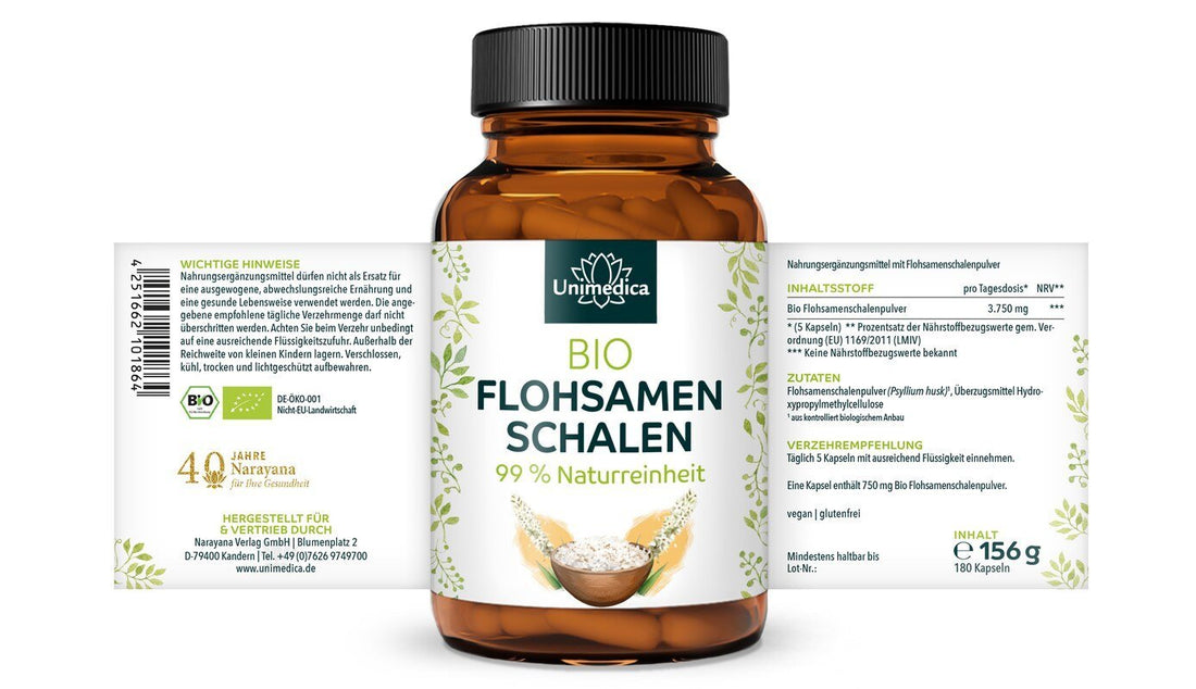 Bio Flohsamenschalen - 3.750 mg pro Tagesdosis (5 Kapseln) - 180 Kapseln - NahrungsergänzungUnimedica Kornkammer Natur