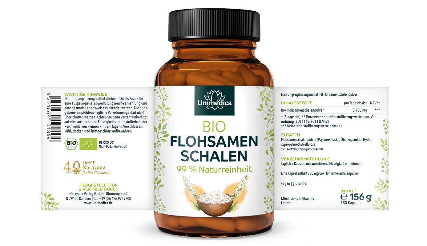 Bio Flohsamenschalen - 3.750 mg pro Tagesdosis (5 Kapseln) - 180 Kapseln - NahrungsergänzungUnimedica Kornkammer Natur