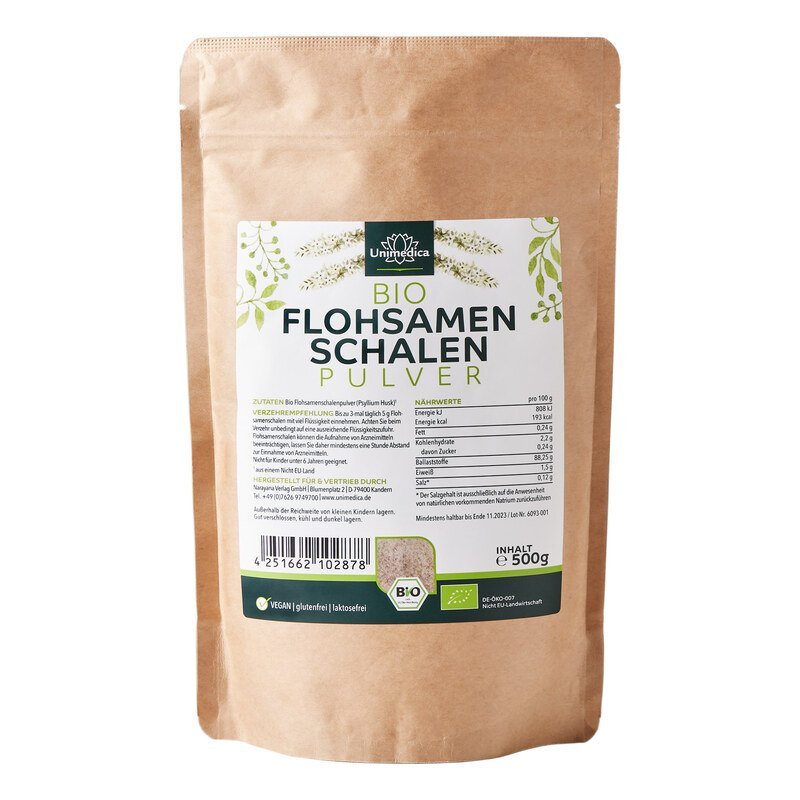 Flohsamenschalen Bio - Premiumqualität - 500 g Pulver - NahrungsergänzungUnimedica Kornkammer Natur