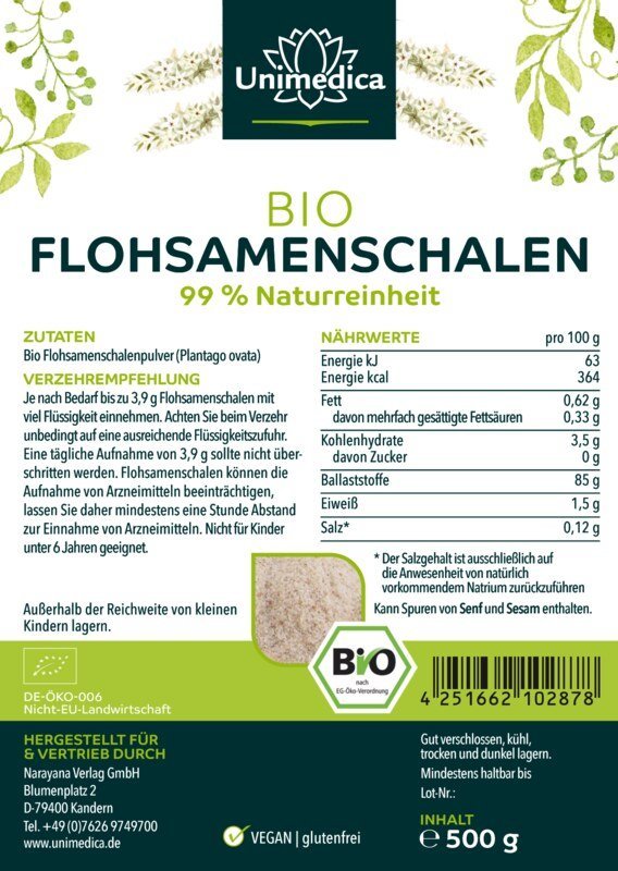 Flohsamenschalen Bio - Premiumqualität - 500 g Pulver - Nahrungsergänzung Unimedica Kornkammer Natur
