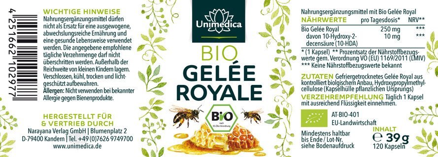Bio Gelée Royale - 250 mg pro Kapsel - 120 Kapseln - NahrungsergänzungUnimedica Kornkammer Natur