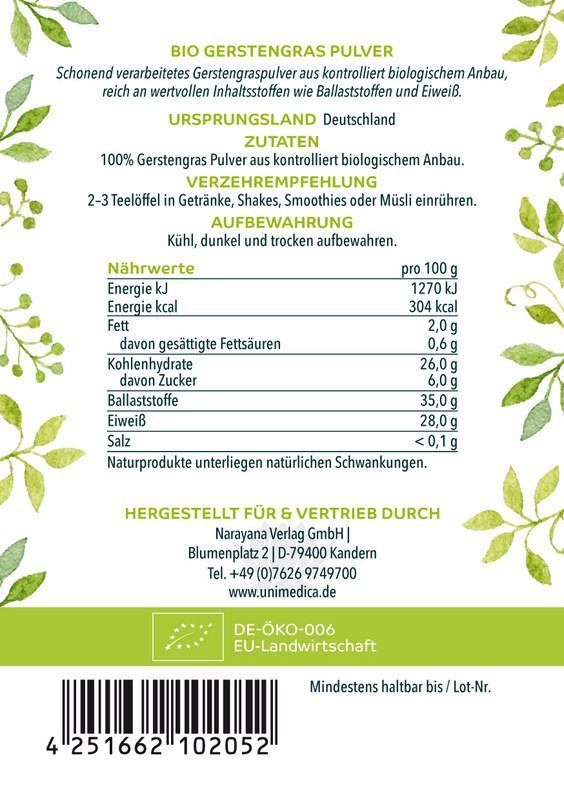 Gerstengras Pulver Bio - NahrungsergänzungUnimedica Kornkammer Natur