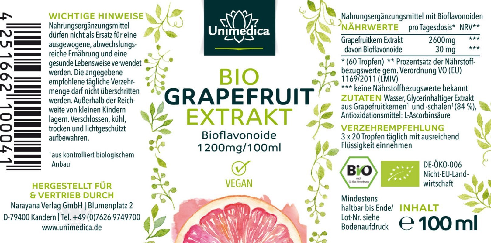 Bio Grapefruitkernextrakt - 2600 mg pro Tagesdosis (3 x 20 Tropfen) - 100 ml - NahrungsergänzungUnimedica Kornkammer Natur