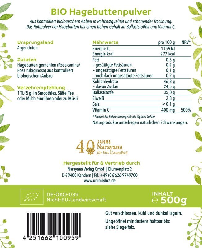 Bio Hagebuttenpulver - natürliches Vitamin C - ballaststoffreich - NahrungsergänzungUnimedica Kornkammer Natur