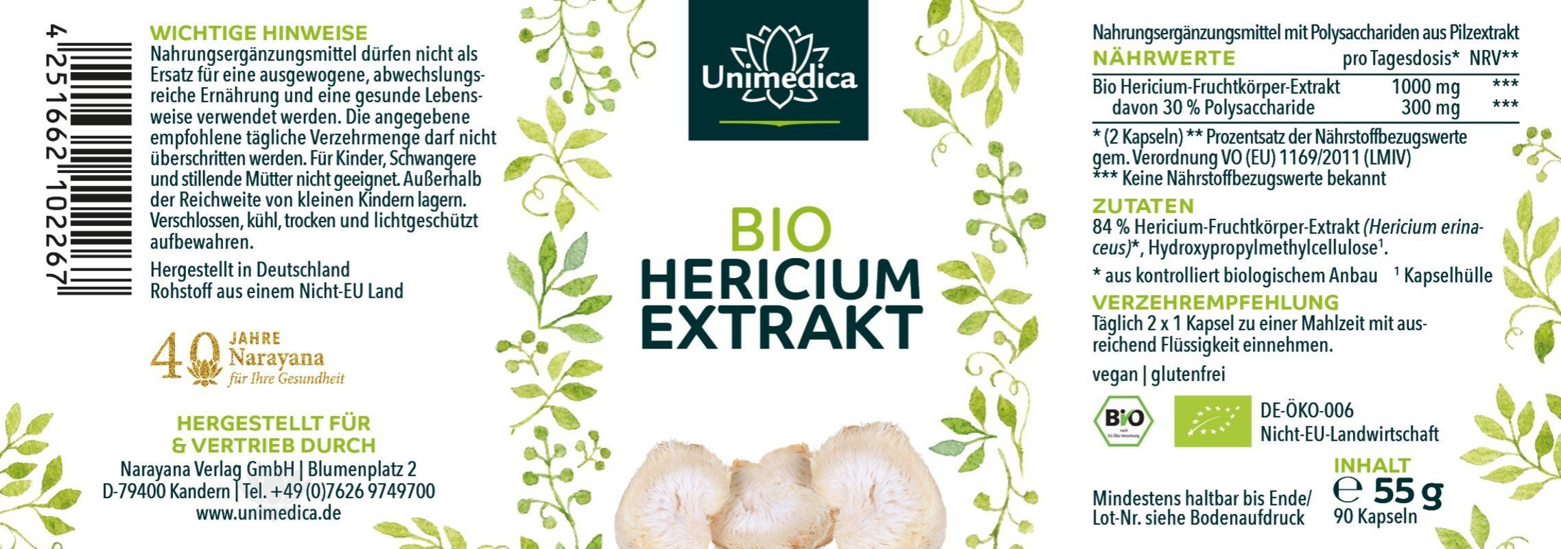 Bio Hericium Extrakt - Löwenmähne - 1000 mg pro Tagesdosis - mit 30 % Polysacchariden Nahrungsergänzung Unimedica Kornkammer