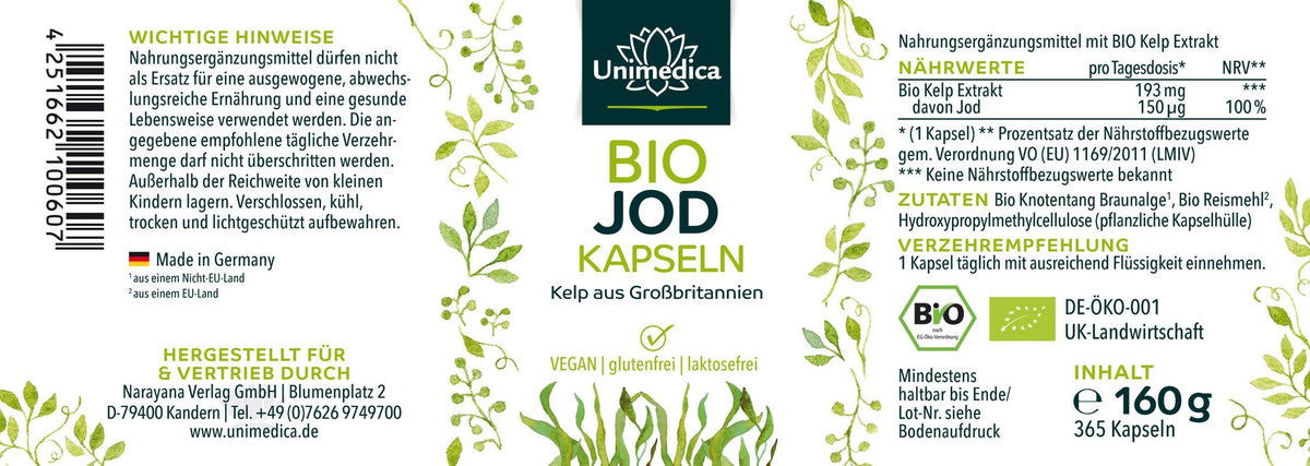 Bio Jod Kapseln - 150 µg natürliches Jod aus Kelp Braunalgen - 365 Kapseln - NahrungsergänzungUnimedica Kornkammer Natur