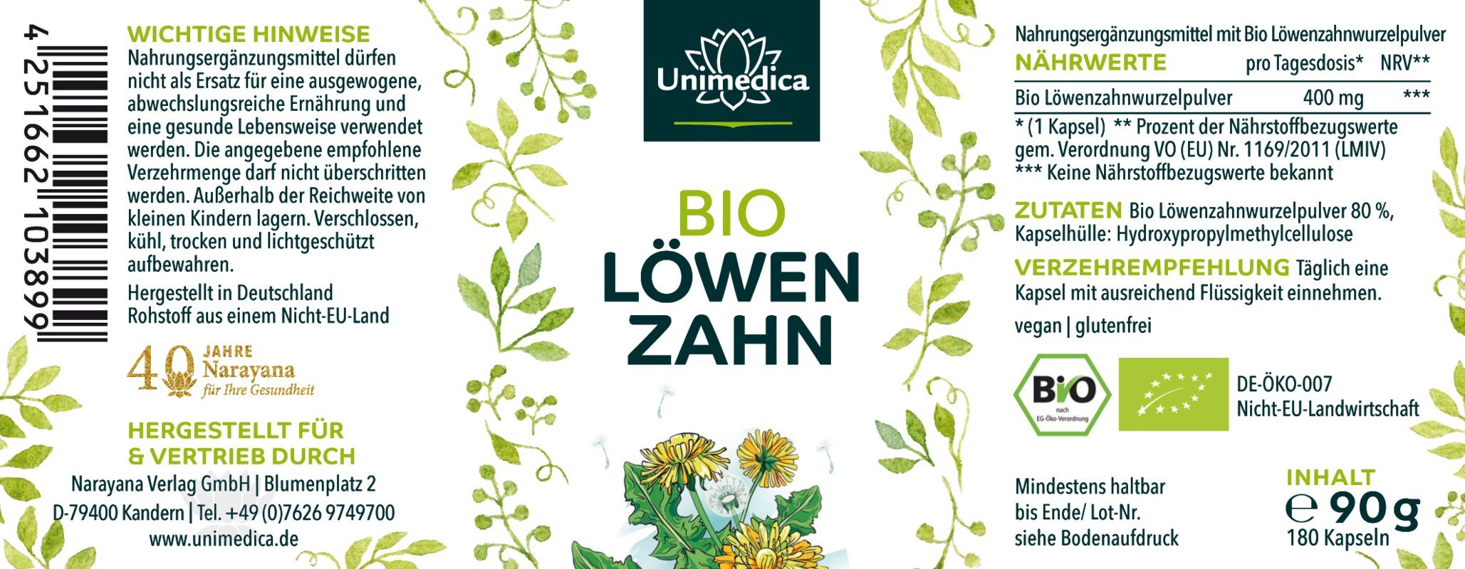 Bio Löwenzahn - 400 mg pro Tagesdosis - 180 Kapseln - NahrungsergänzungUnimedica Kornkammer Natur