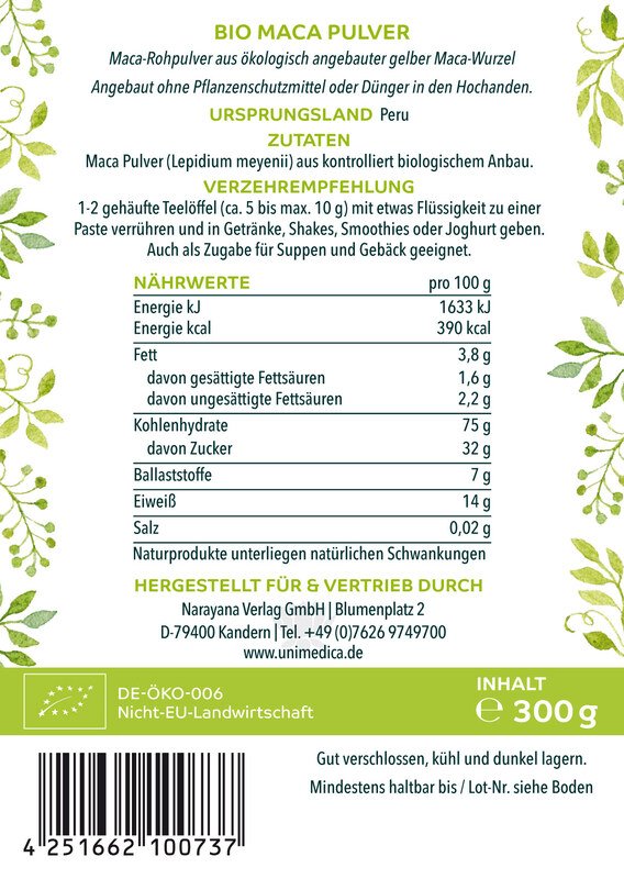 Bio Maca Pulver – aus kontrolliert biologischem Anbau in Peru, reich an Kohlenhydraten, Ballaststoffen und Eiweiß. Ideal für Shakes, Smoothies und Gebäck.