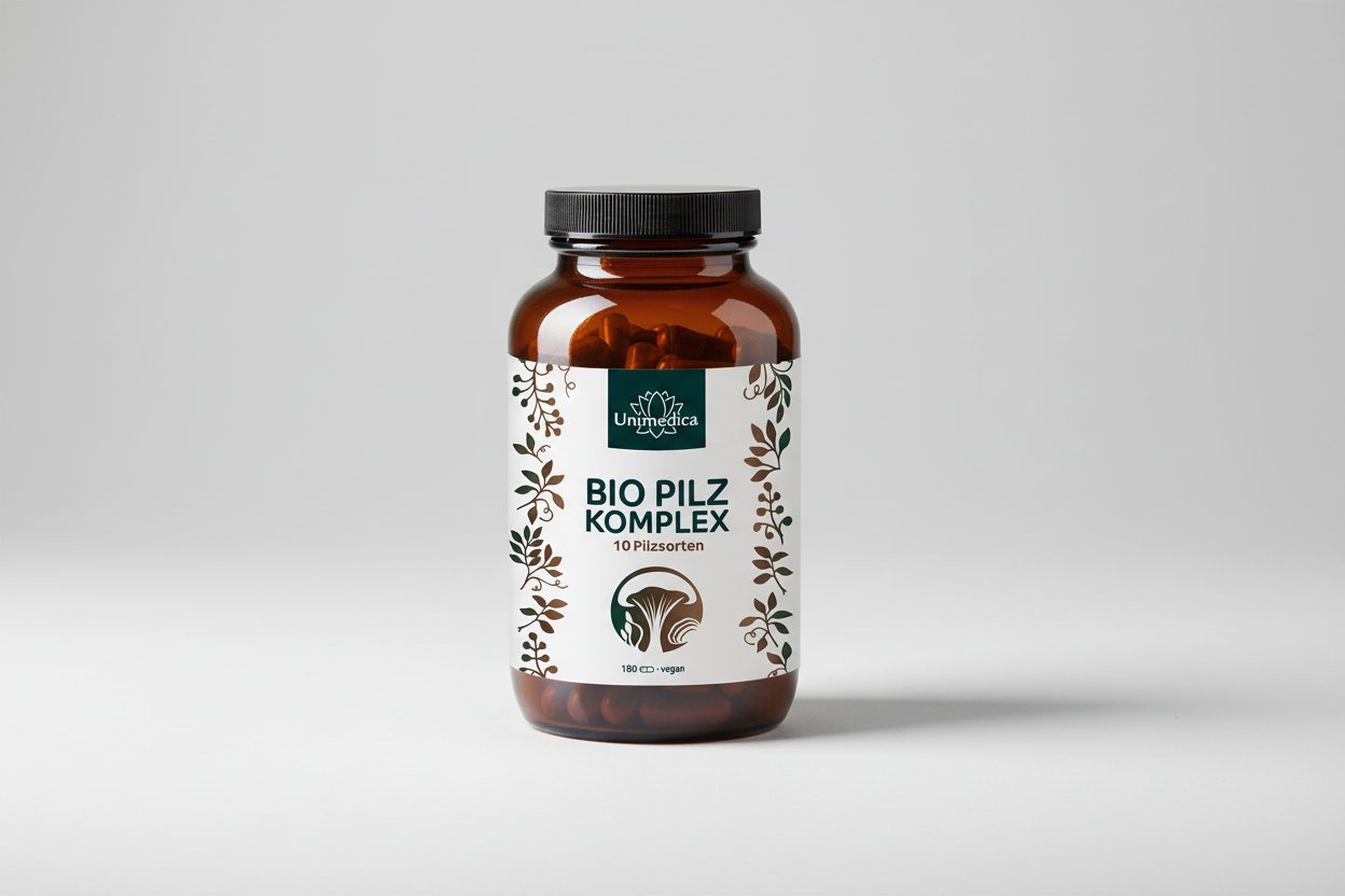 Bio Pilz Komplex - 10 Vitalpilze mit Cordyceps, Reishi, Hericium - 180 Kapseln - NahrungsergänzungUnimedica Kornkammer Natur