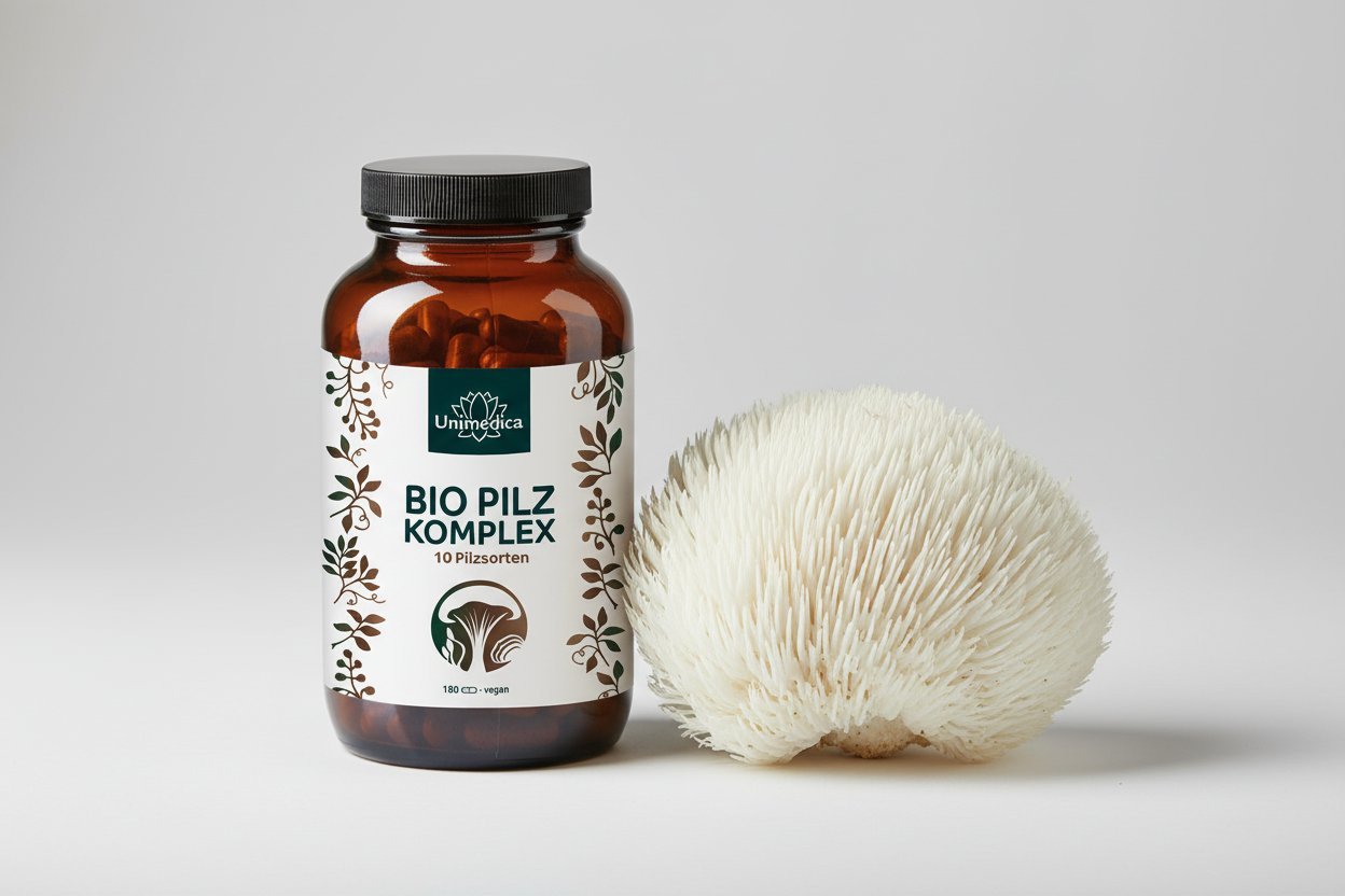 Bio Pilz Komplex - 10 Vitalpilze mit Cordyceps, Reishi, Hericium - 180 Kapseln - NahrungsergänzungUnimedica Kornkammer Natur