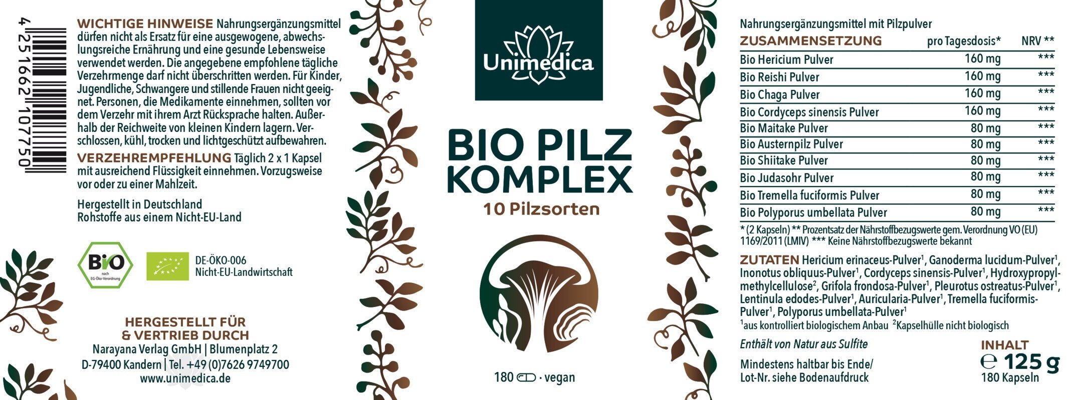 Bio Pilz Komplex - 10 Vitalpilze mit Cordyceps, Reishi, Hericium - 180 Kapseln - NahrungsergänzungUnimedica Kornkammer Natur