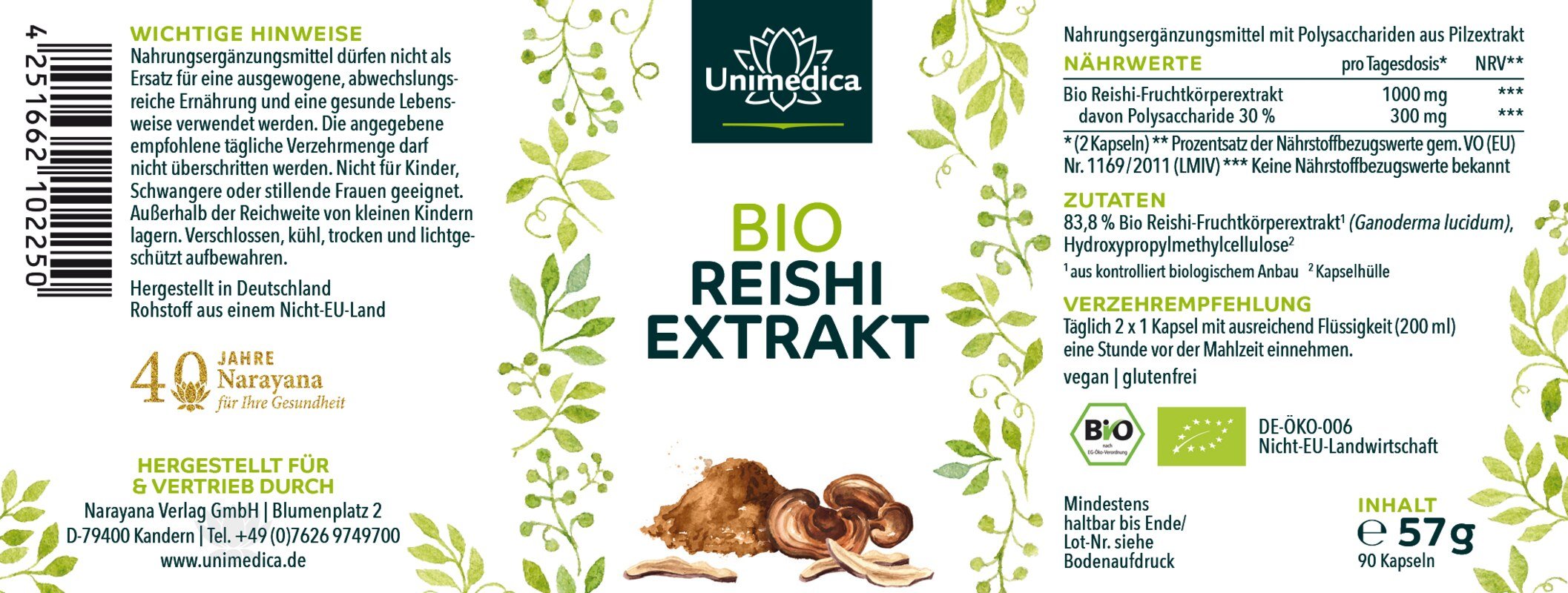 Bio Reishi Extrakt - 1000 mg pro Tagesdosis (2 Kapseln) - Pilz Extrakt mit 30 % Polysacchariden - aus Wasserextraktion - 90 Kapseln - NahrungsergänzungUnimedica Kornkammer Natur