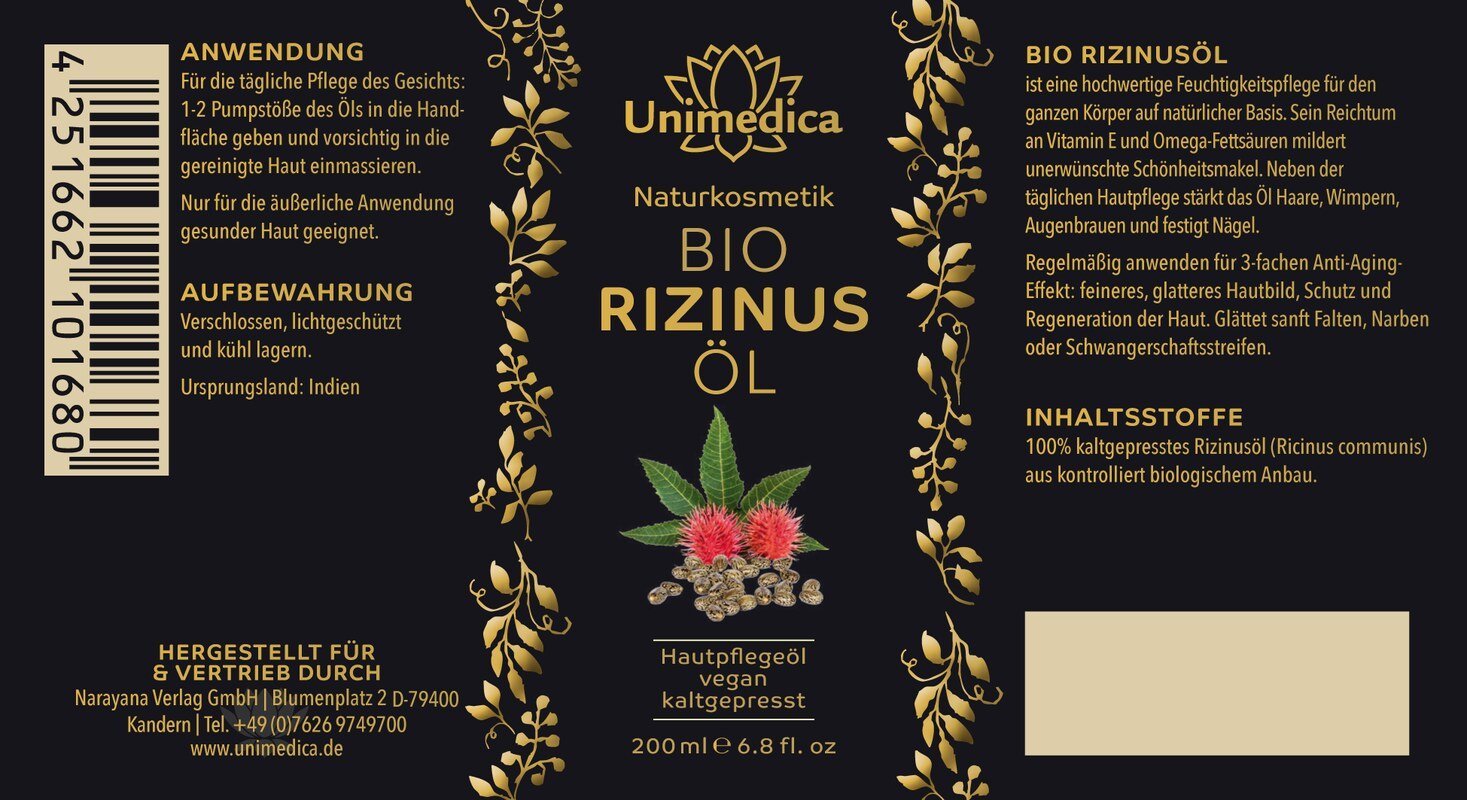 Bio Rizinusöl - 200 ml - von Unimedica - Naturkosmetik Unimedica Kornkammer Natur Etikett