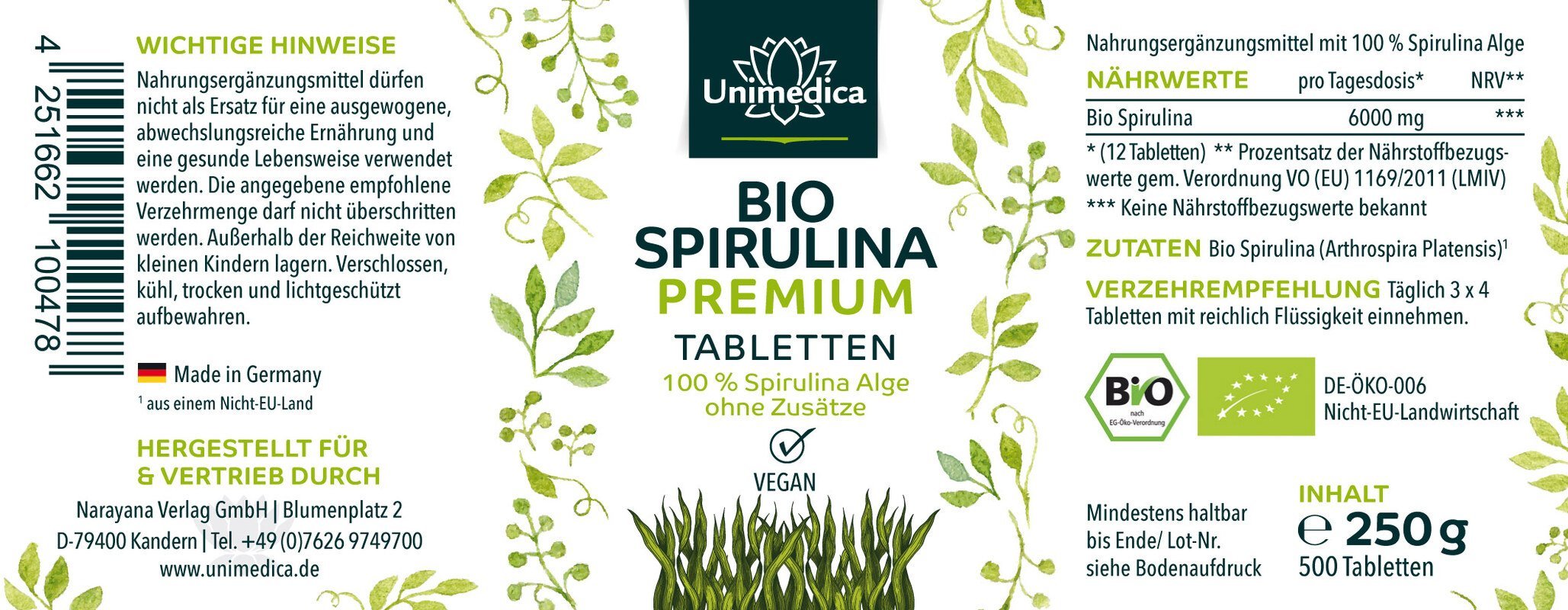 Bio Spirulina Premium - 6000 mg pro Tagesdosis (3 x 4 Tabletten) - 500 Tabletten - NahrungsergänzungUnimedica Kornkammer Natur