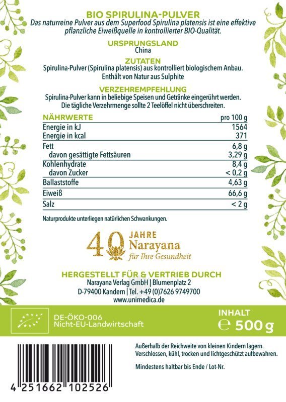 Bio Spirulina Pulver - 500 g - proteinreich - NahrungsergänzungUnimedica Kornkammer Natur