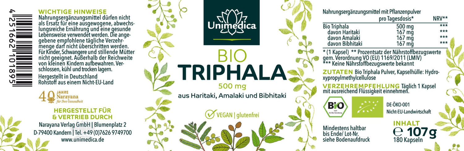 Bio Triphala - 500 mg pro Tagesdosis (1 Kapsel) - 180 Kapseln - von Unimedica Etikett