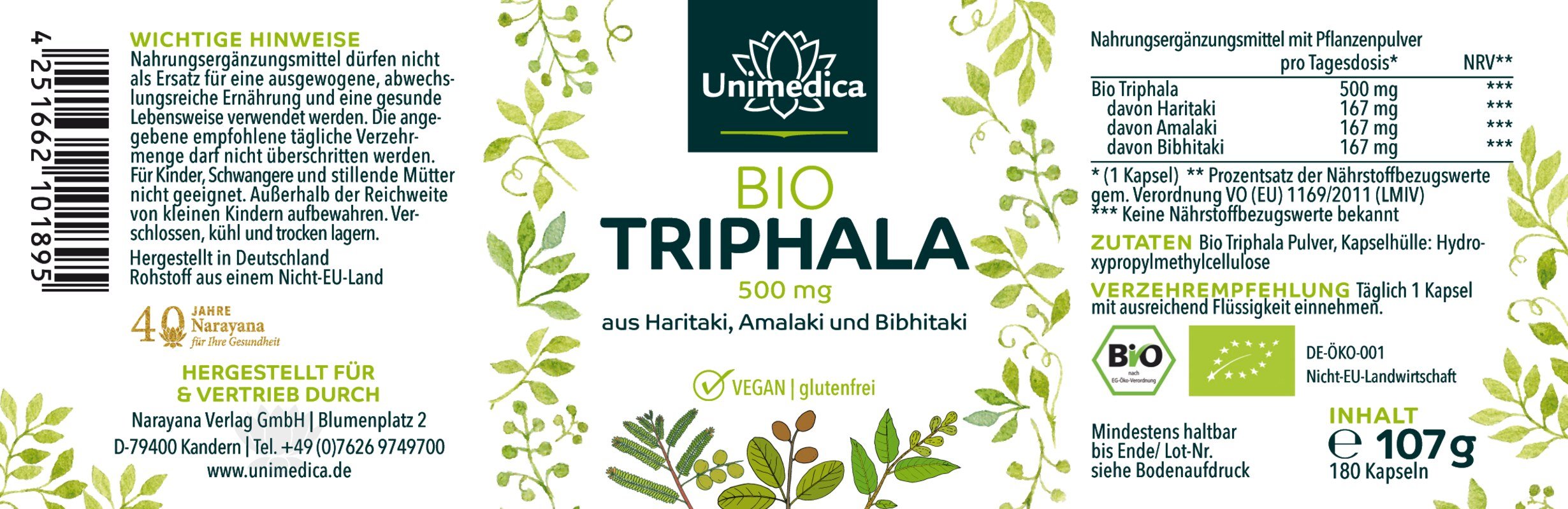 Bio Triphala - 500 mg pro Tagesdosis - 180 Kapseln unimedica - Nahrungsergänzung Unimedica Kornkammer Natur