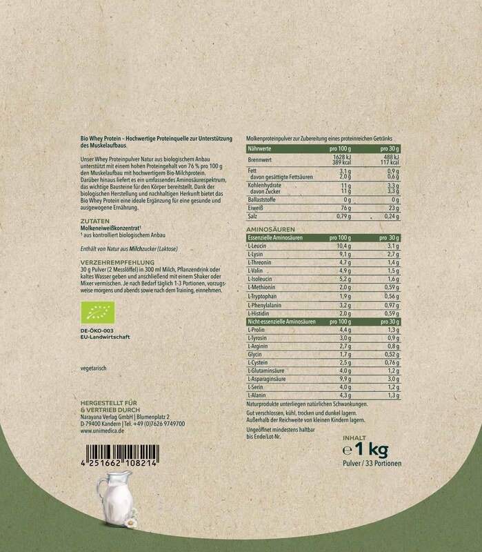Bio Whey Protein - Natur - 76 % Protein - 1 kg Unimediva Etikett Molke