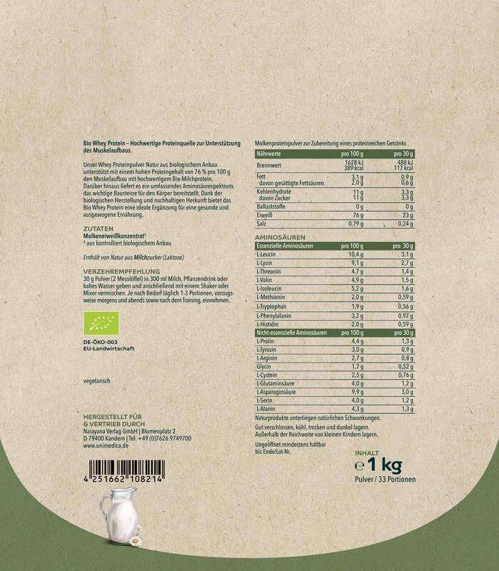 Bio Whey Protein - Natur - 76 % Protein - 1 kg - NahrungsergänzungUnimedica Kornkammer Natur