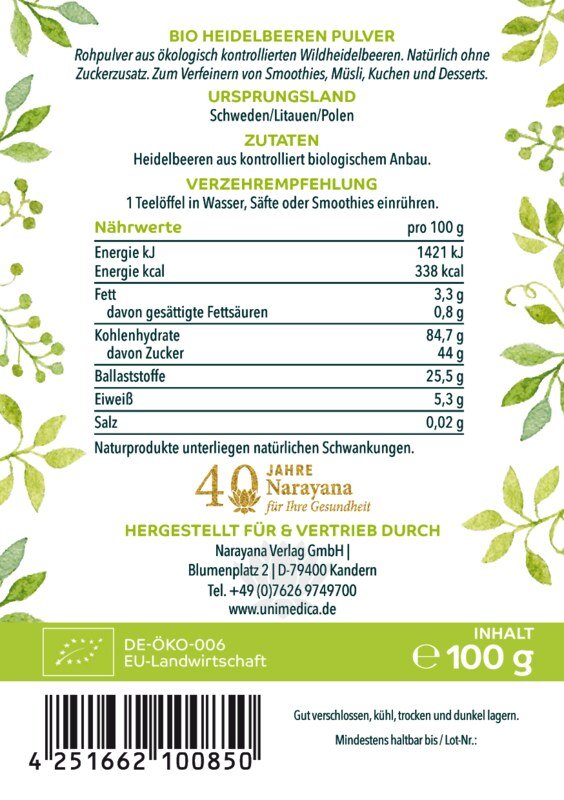 Bio Wild Heidelbeeren Pulver - 100 g - NahrungsergänzungUnimedica Kornkammer Natur