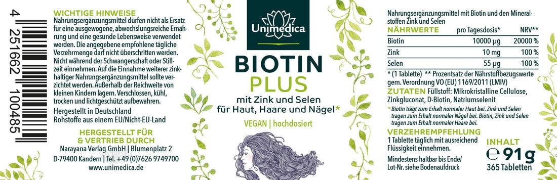 Biotin Plus mit Selen und Zink* - für Haut, Haare und Nägel - 365 Tabletten - NahrungsergänzungUnimedica Kornkammer Natur