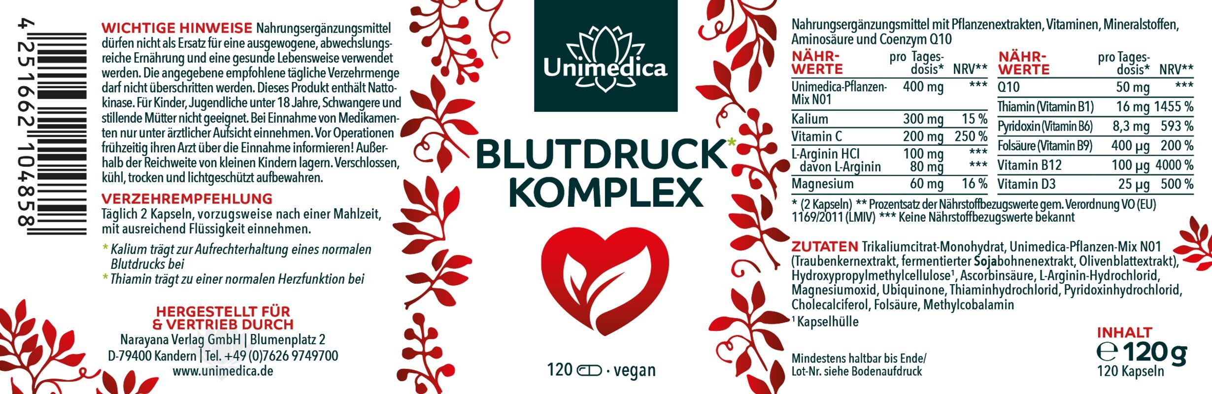 Blutdruck Komplex hochdosiert - L - Arginin, Q10, Nattokinase, OPC - 120 Kapseln - Nahrungsergänzung Unimedica Kornkammer