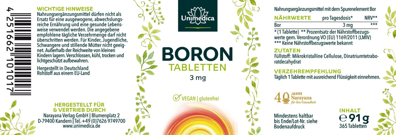 Bor (Borax) - 3 mg pro Tagesdosis (1 Tablette) - 365 Tabletten Etikett