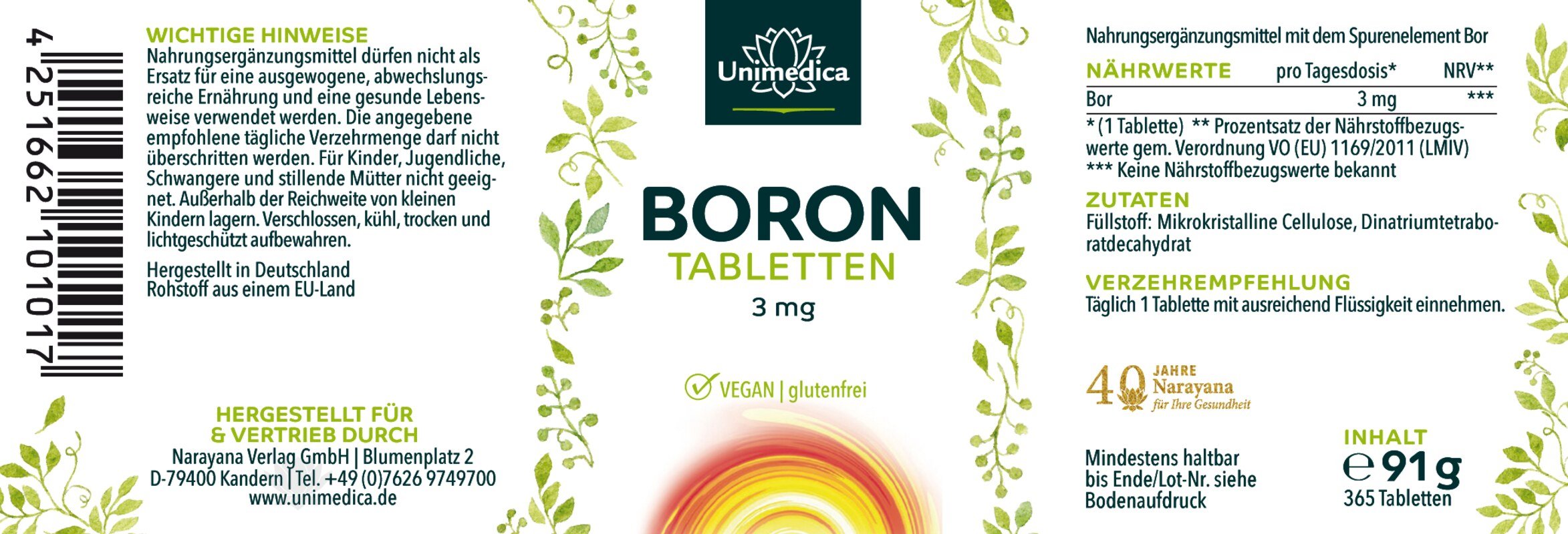 Bor (Borax) - 3 mg pro Tagesdosis (1 Tablette) - 365 Tabletten - Nahrungsergänzung Unimedica Kornkammer Natur Etikett