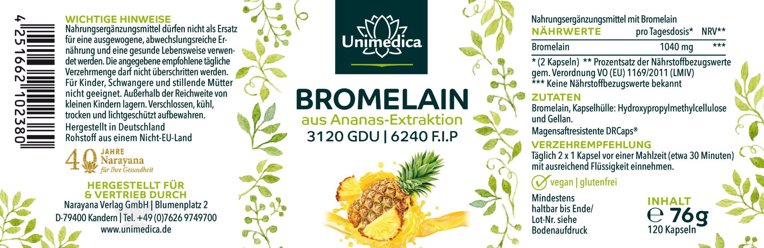 Bromelain - 1040 mg und 3.120 GDU | 6.240 F.I.P. pro Tagesdosis (2 Kapseln) - mit magensaftresistenten DR® Caps - 120 Kapseln - NahrungsergänzungUnimedica Kornkammer Natur