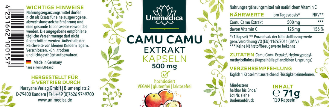 Camu Camu Extrakt - 500 mg - 120 Kapseln - NahrungsergänzungUnimedica Kornkammer Natur