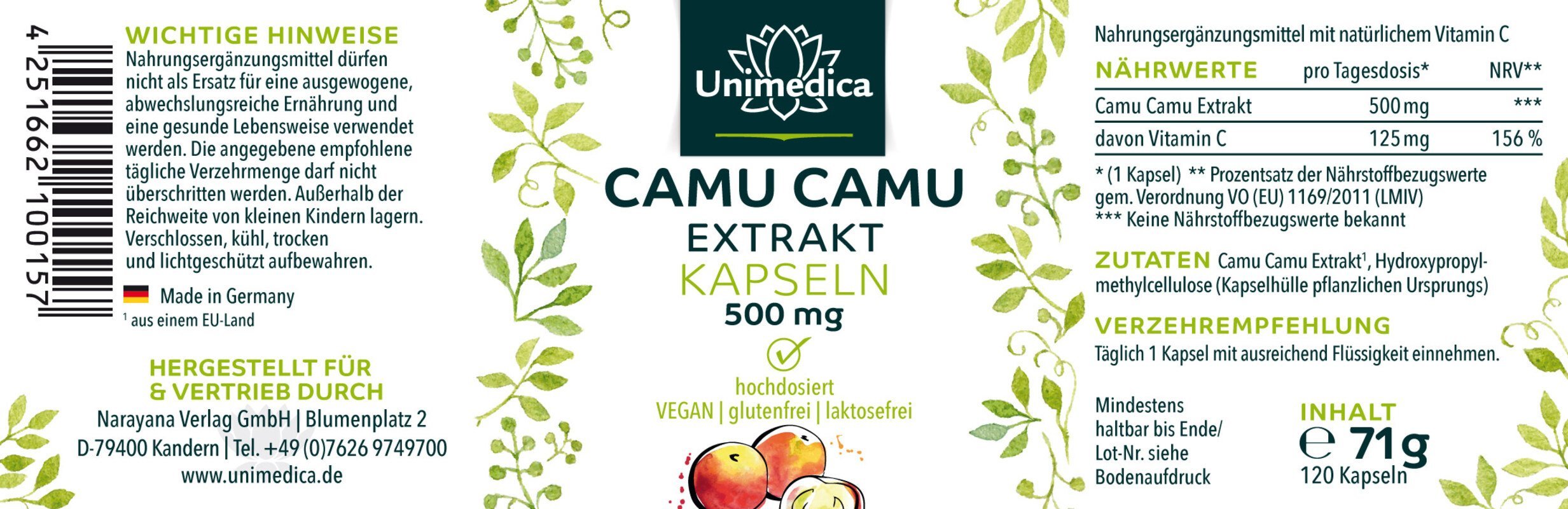 Camu Camu Extrakt - 500 mg - 120 Kapseln - NahrungsergänzungUnimedica Kornkammer Natur