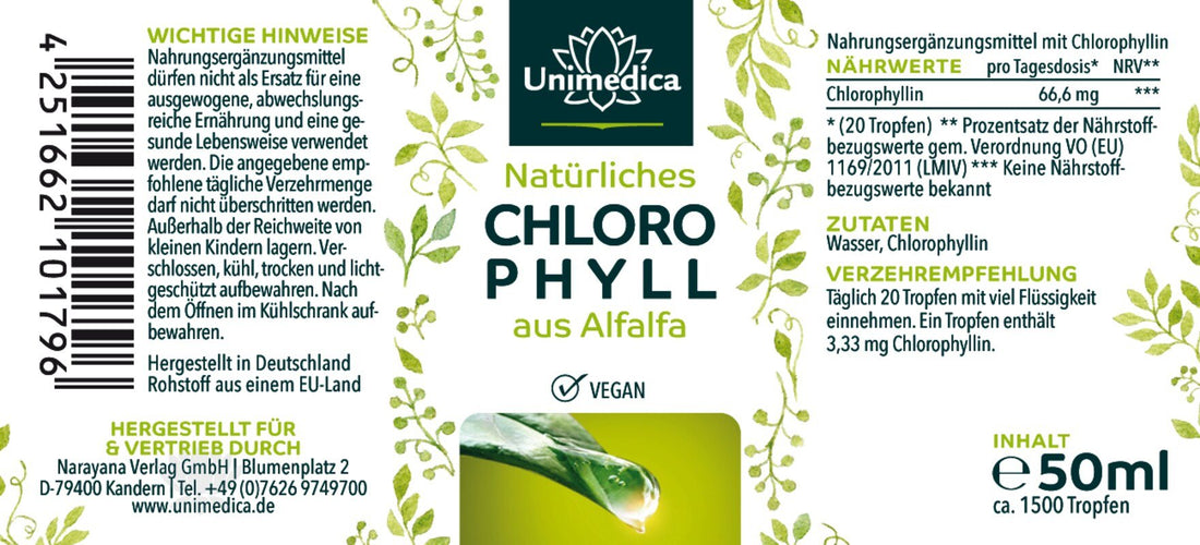 Chlorophyll Tropfen - aus Alfalfa - 66,6 mg pro Tagesdosis (20 Tropfen) - 50 ml Etikett