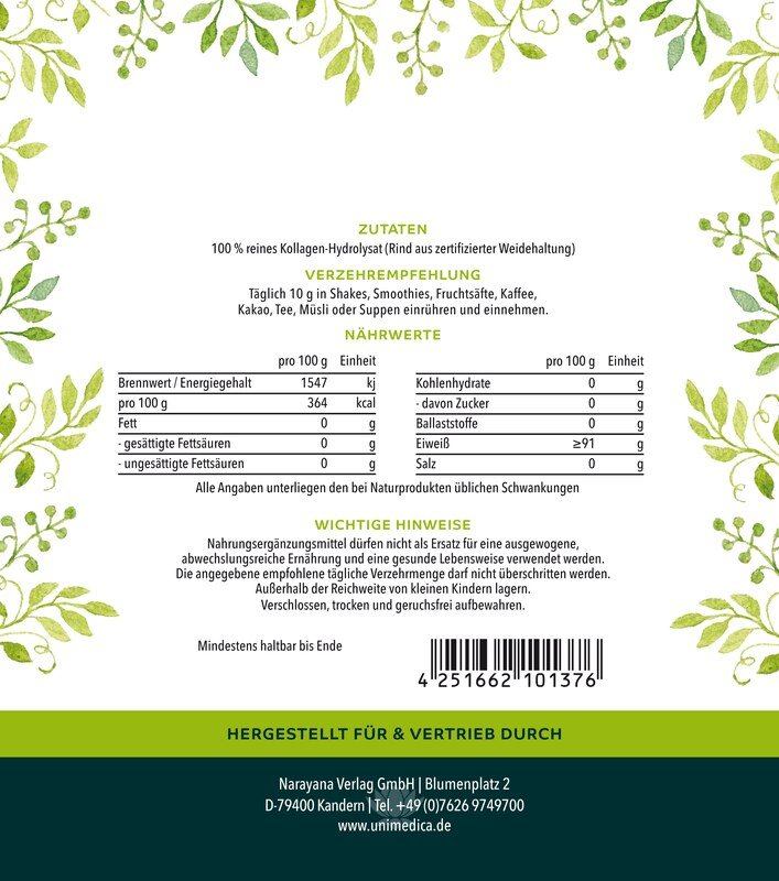 Collagen Pure - Kollagenprotein - aus LIAF zertifizierter Weidehaltung - 450 g Pulver - Nahrungsergänzung Unimedica