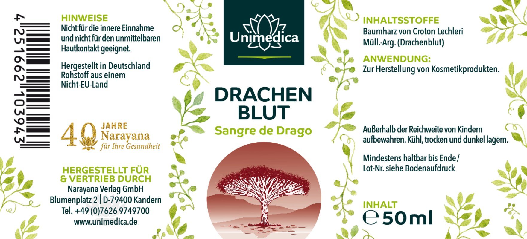 Drachenblut "Sangre de Drago" - 50 ml - von Unimedica - Nahrungsergänzung Unimedica Kornkammer Natur Etikett