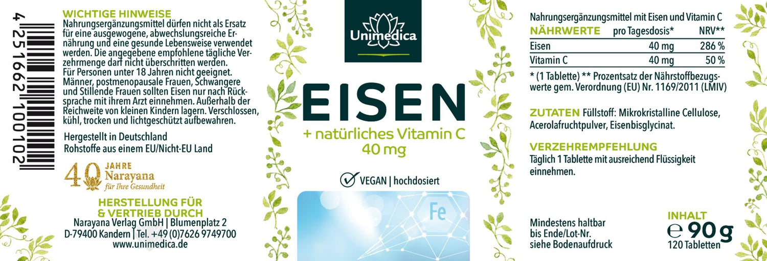 Eisen Bisglycinat - Eisen natürliches Vitamin C 40 mg Eisen und 40 mg Vitamin C pro Tagesdosis (1 Tablette) - hochdosiert - 120 Tabletten  Etikett