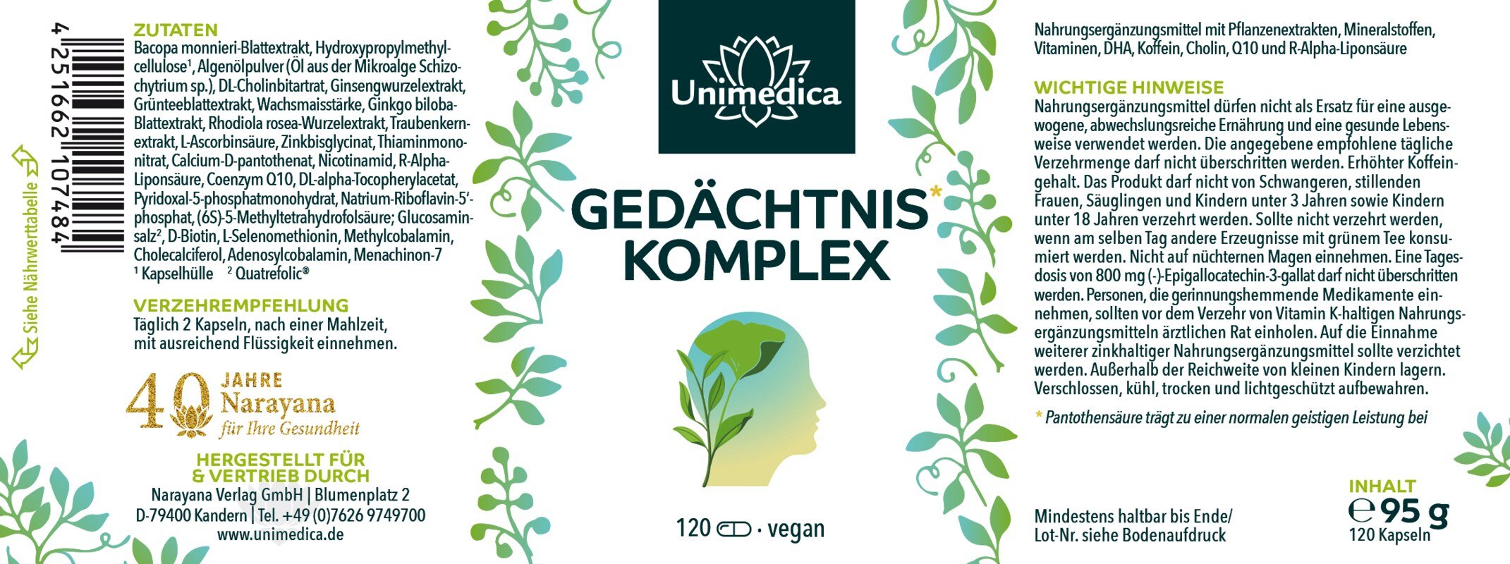 Gedächtnis* Komplex mit Ginkgo Extrakt - 120 Kapseln Zusammensetzung Unimedica Etikett