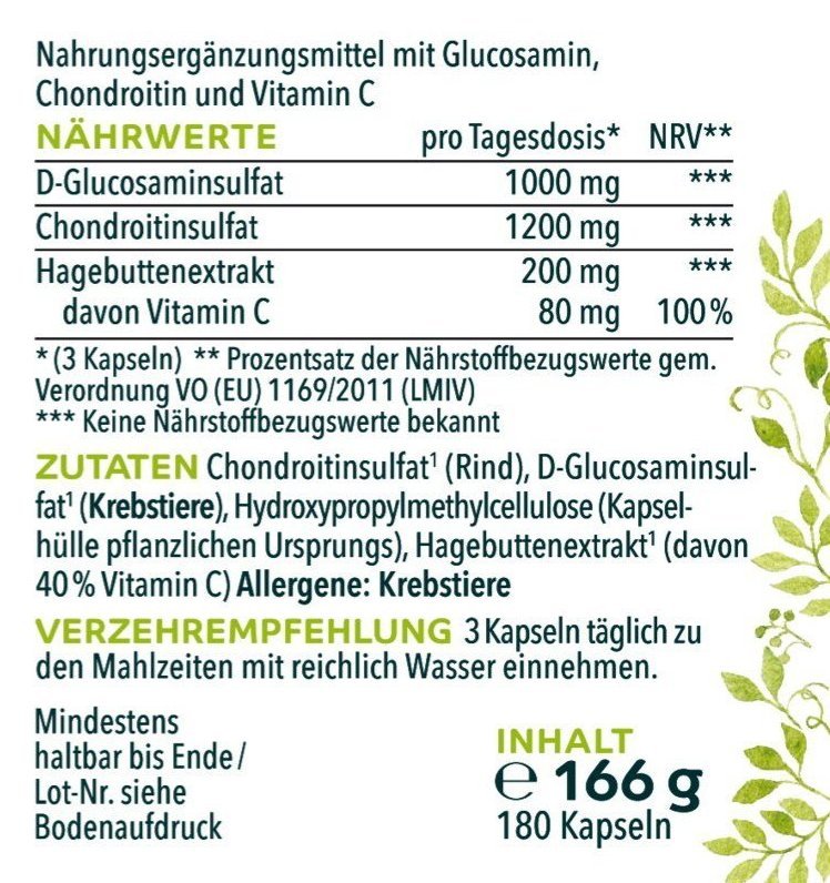 Glucosamin Chondroitin hochdosiert - 1000mg/1200mg + Vitamin C - 180 Kapseln - NahrungsergänzungUnimedica Kornkammer Natur