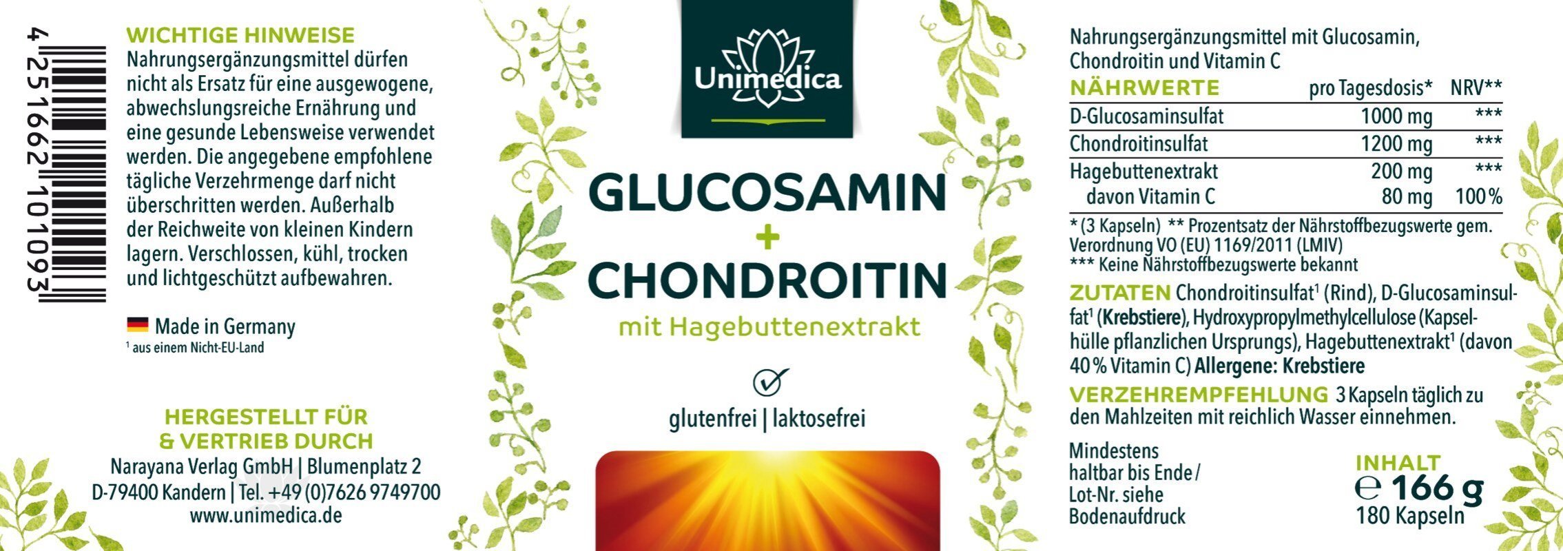 Glucosamin Chondroitin hochdosiert - 1000mg/1200mg + Vitamin C - 180 Kapseln - NahrungsergänzungUnimedica Kornkammer Natur