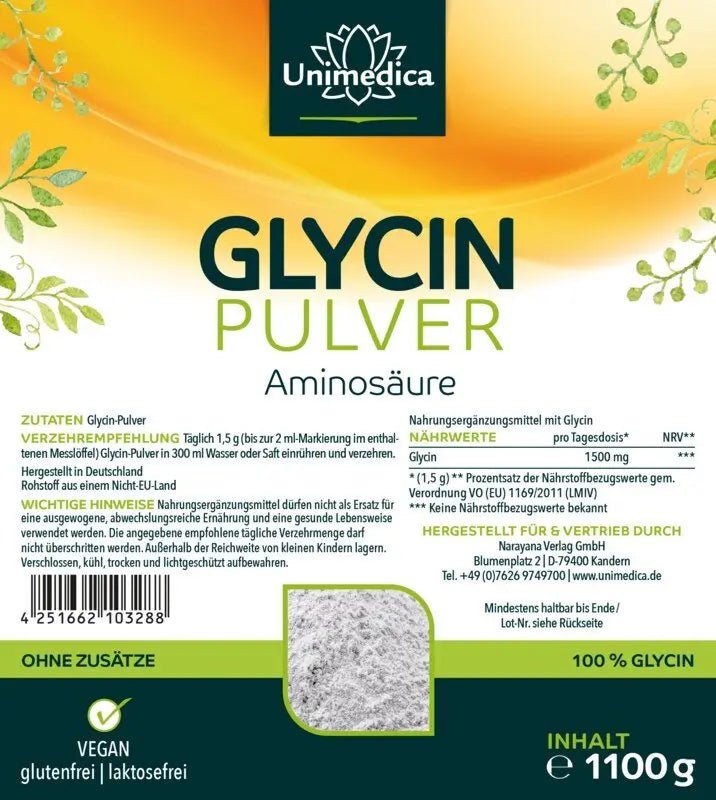 Glycin Pulver - Aminosäure - 1.500 mg pro Tagesdosis - 1100 g - Nahrungsergänzung Unimedica Kornkammer Natur